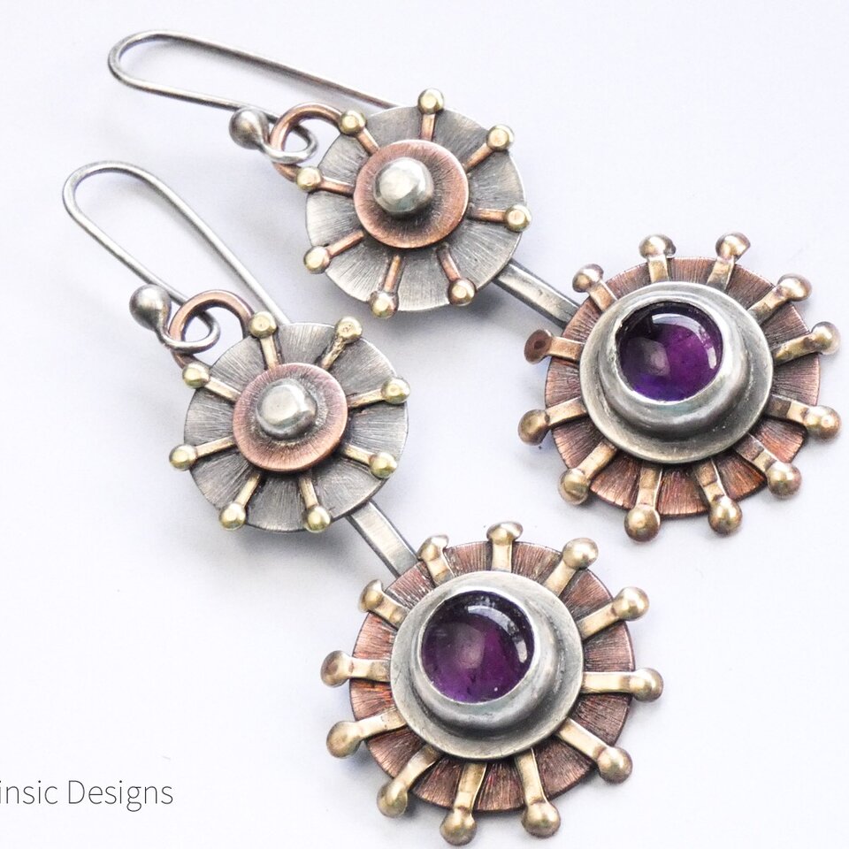 “SEA URCHIN” AMETHYST MIXED METAL EARRINGS WITH 935 ARGENTIUM SILVER EAR WIRES