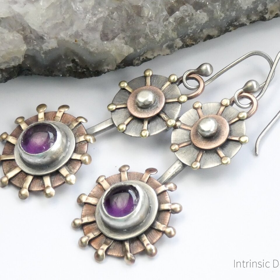 “SEA URCHIN” AMETHYST MIXED METAL EARRINGS WITH 935 ARGENTIUM SILVER EAR WIRES