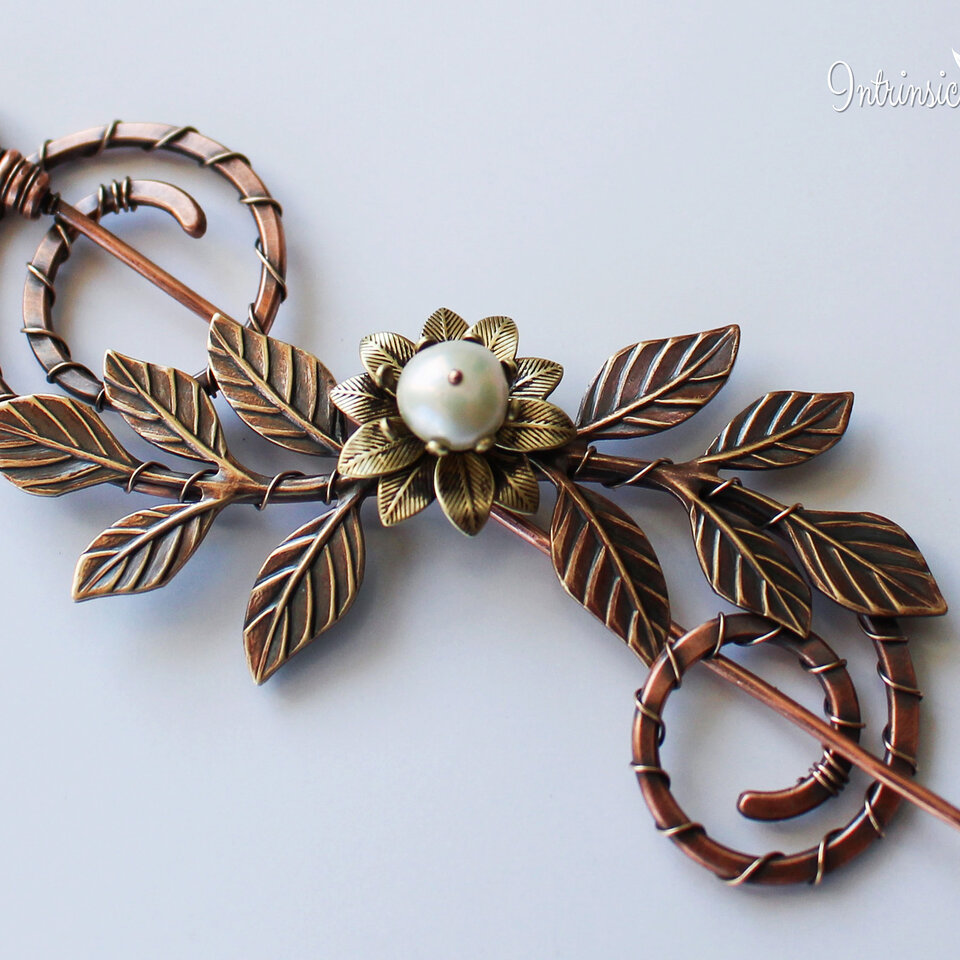 SPIRAL COPPER SHAWL PIN/ SWEATER PIN WITH A FRESHWATER PEARL AND BRASS FLOWER, BRASS LEAVES AND MIXED METALS