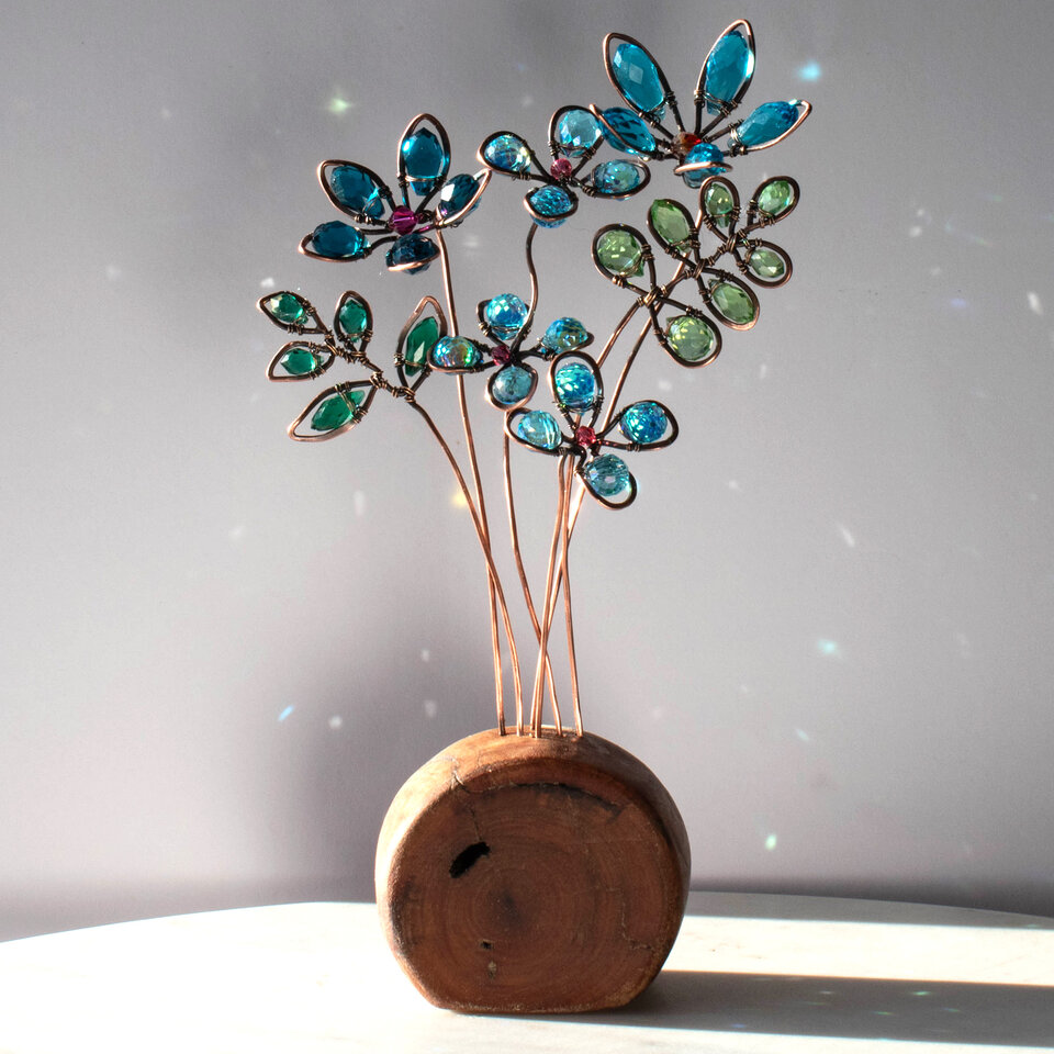 A BLUE BOUQUET OF FLOWERS ON A LOG  ... WINDOWSILL SUNCATCHER
