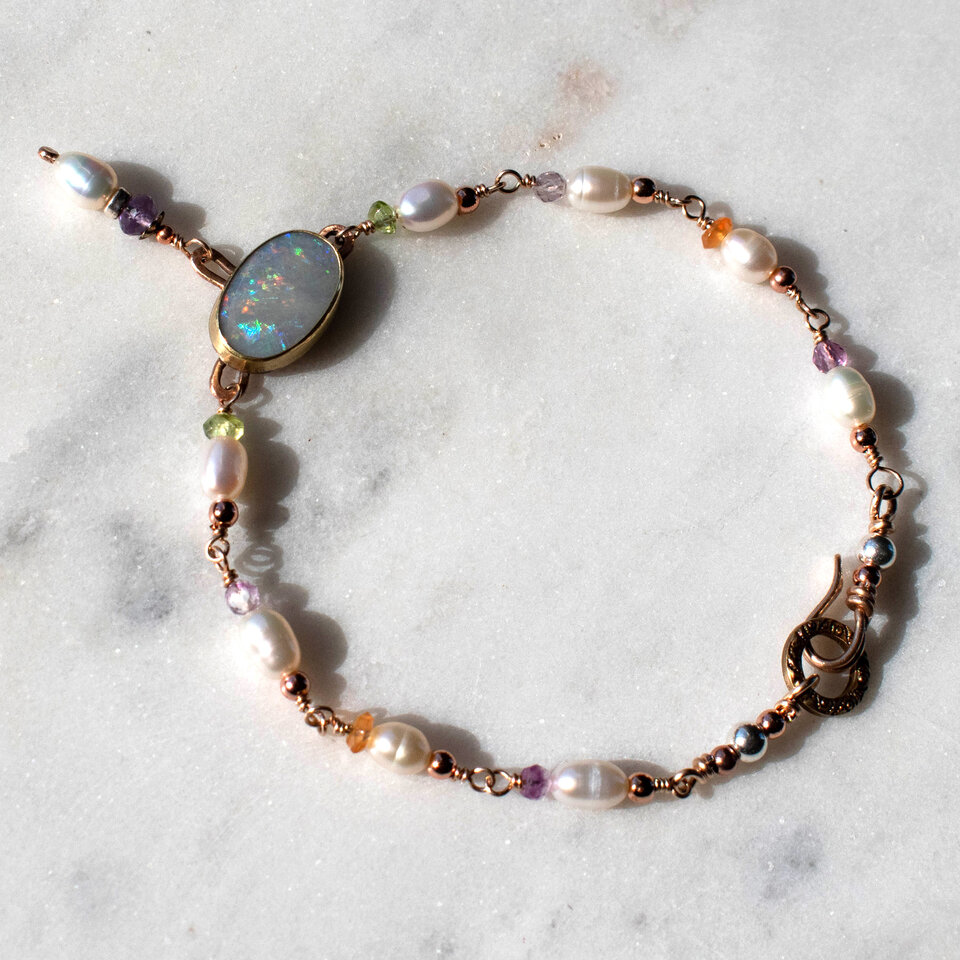 RESERVED FOR LINDA BALANCE .... AUSTRALIAN WHITE OPAL, FRESHWATER PEARL & GEMSTONE BRACELET