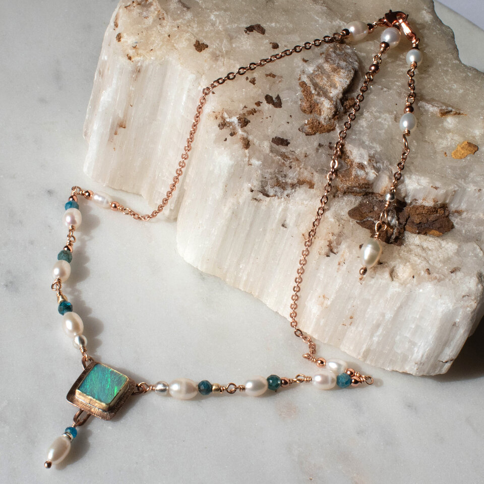 RESERVED FOR NICOLE BALANCE ... AUSTRALIAN OPAL & FRESHWATER PEARL NECKLACE WITH AN ADDED EXTENDER IN MIXED METALS.