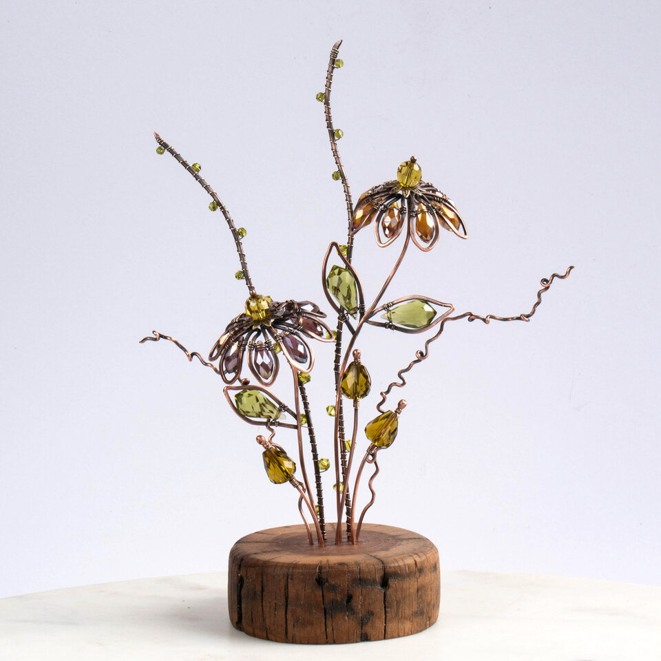 RESERVED FOR RUTHANN  ......  CONEFLOWER (Echinacea Purpurea) ON A WOOD SLICE  ... WINDOWSILL SUNCATCHER .... IKEBANA STYLE