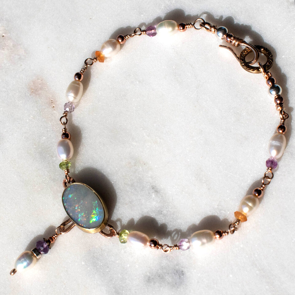 RESERVED FOR LINDA BALANCE .... AUSTRALIAN WHITE OPAL, FRESHWATER PEARL & GEMSTONE BRACELET