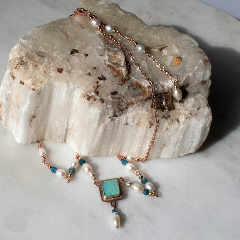 RESERVED FOR NICOLE BALANCE ... AUSTRALIAN OPAL & FRESHWATER PEARL NECKLACE WITH AN ADDED EXTENDER IN MIXED METALS.