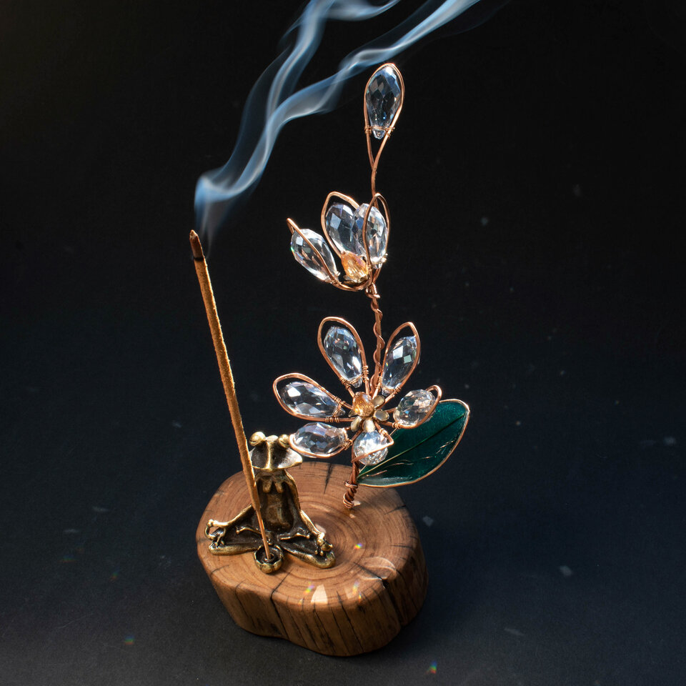 BLUE LADY ORCHID WITH A BRASS YOGA FROG INCENSE BURNER ON A WOOD SLICE  ... WINDOWSILL SUNCATCHER .... IKEBANA STYLE