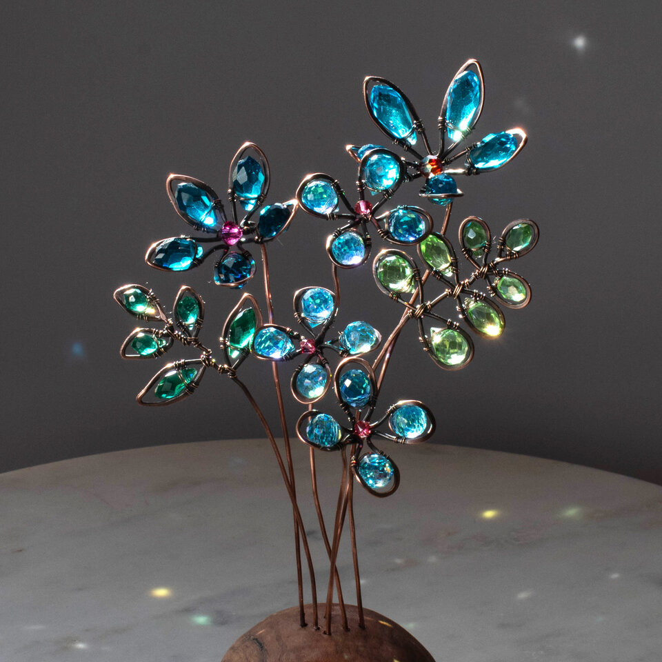 A BLUE BOUQUET OF FLOWERS ON A LOG  ... WINDOWSILL SUNCATCHER