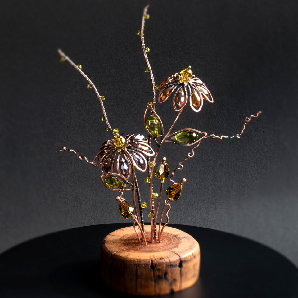 RESERVED FOR RUTHANN  ......  CONEFLOWER (Echinacea Purpurea) ON A WOOD SLICE  ... WINDOWSILL SUNCATCHER .... IKEBANA STYLE