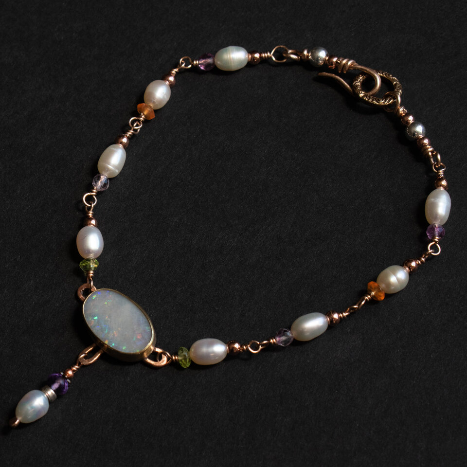 RESERVED FOR LINDA BALANCE .... AUSTRALIAN WHITE OPAL, FRESHWATER PEARL & GEMSTONE BRACELET