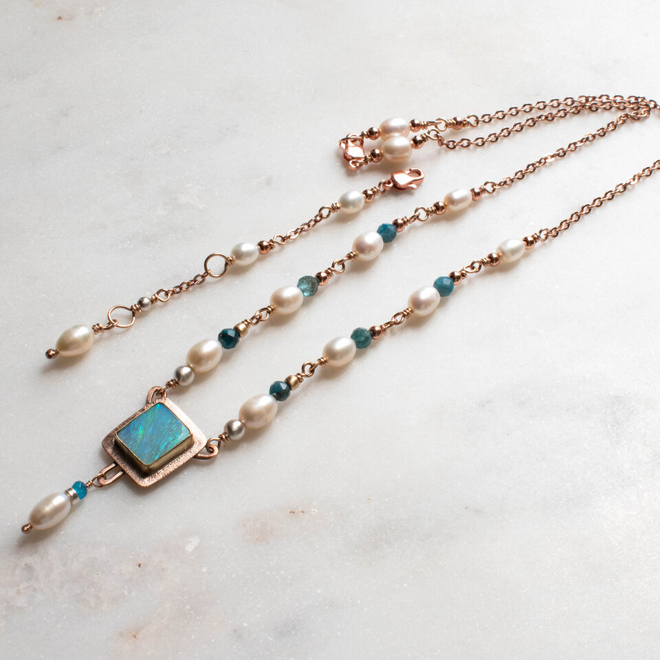 RESERVED FOR NICOLE BALANCE ... AUSTRALIAN OPAL & FRESHWATER PEARL NECKLACE WITH AN ADDED EXTENDER IN MIXED METALS.