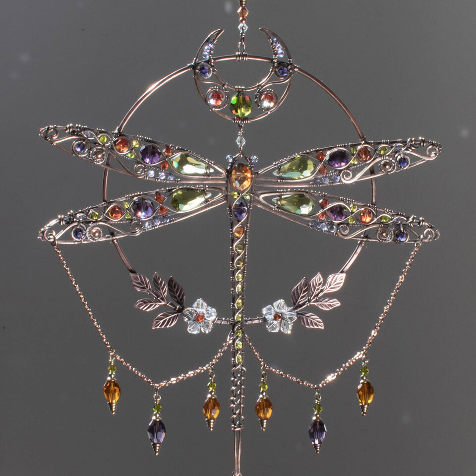 RESERVED FOR TONI ANN ....  LARGE DRAGONFLY MOON ... MIXED CRYSTAL WINDOW SUNCATCHER