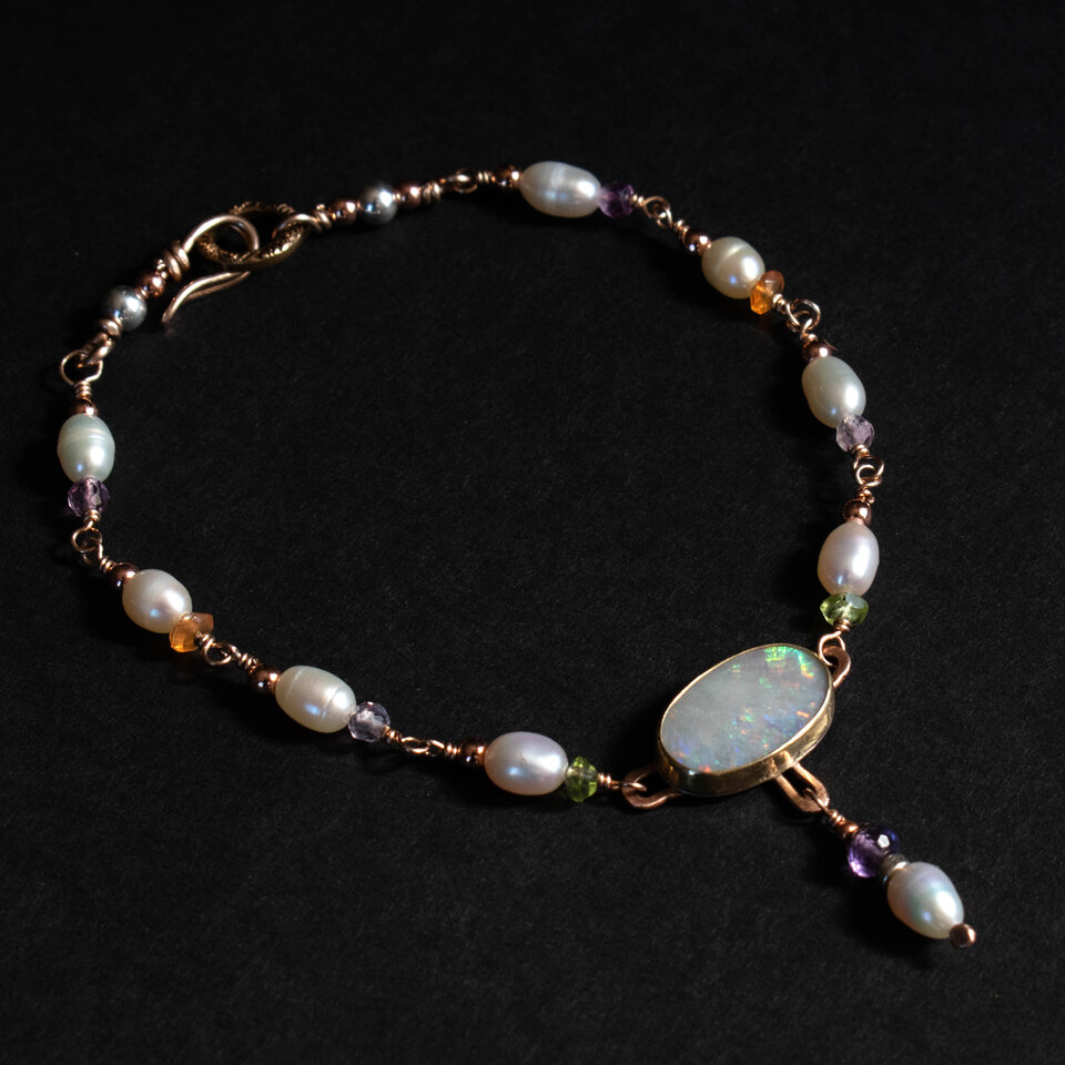 RESERVED FOR LINDA BALANCE .... AUSTRALIAN WHITE OPAL, FRESHWATER PEARL & GEMSTONE BRACELET