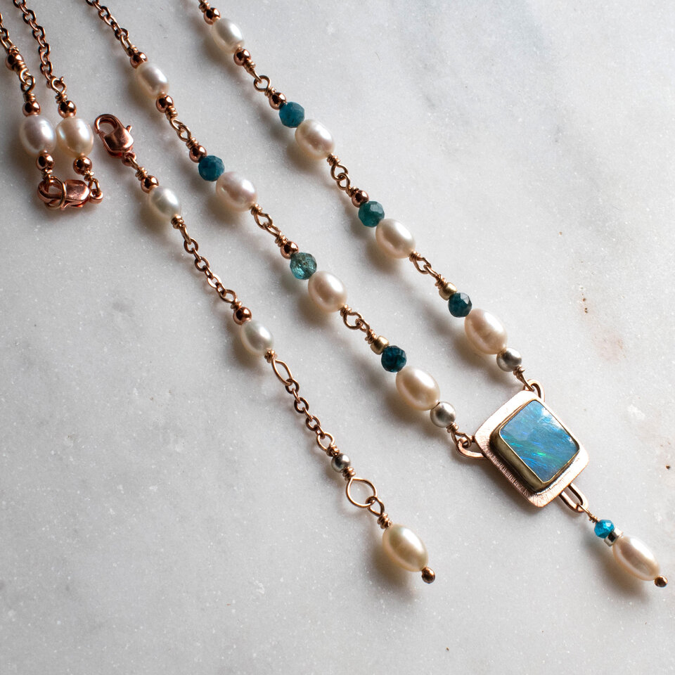 RESERVED FOR NICOLE BALANCE ... AUSTRALIAN OPAL & FRESHWATER PEARL NECKLACE WITH AN ADDED EXTENDER IN MIXED METALS.