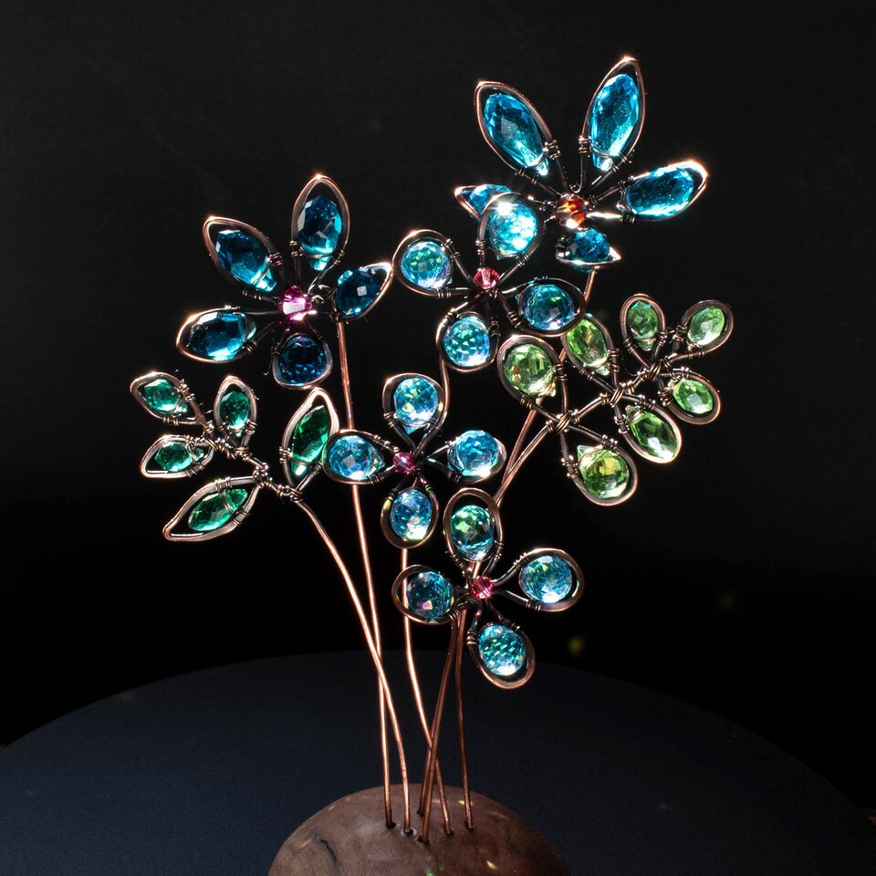 A BLUE BOUQUET OF FLOWERS ON A LOG  ... WINDOWSILL SUNCATCHER