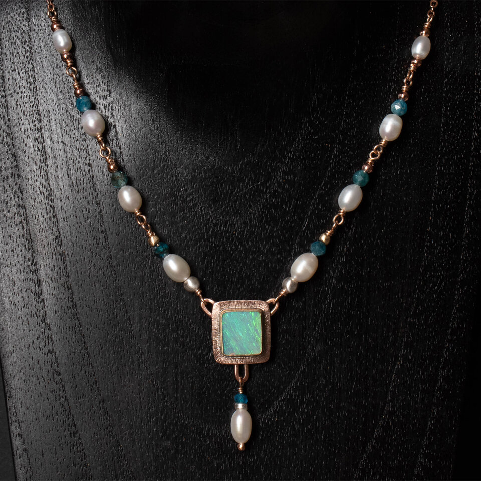 RESERVED FOR NICOLE BALANCE ... AUSTRALIAN OPAL & FRESHWATER PEARL NECKLACE WITH AN ADDED EXTENDER IN MIXED METALS.