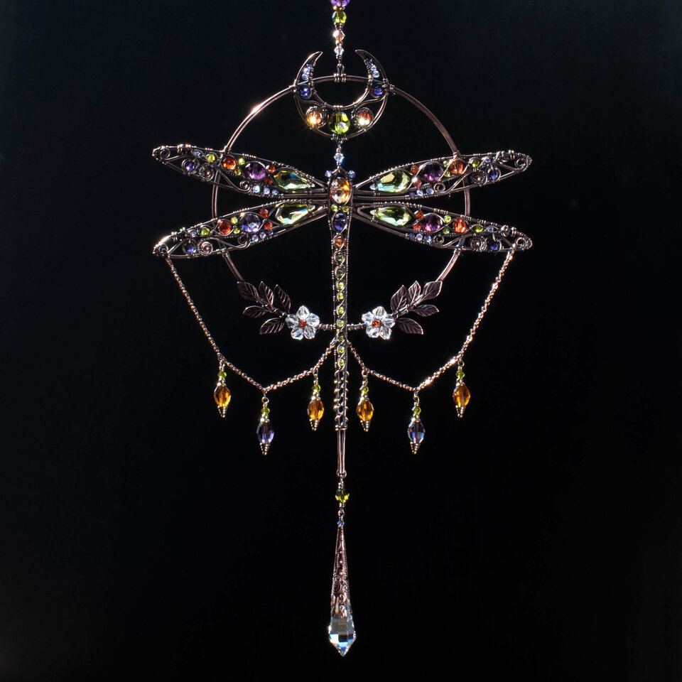 RESERVED FOR TONI ANN ....  LARGE DRAGONFLY MOON ... MIXED CRYSTAL WINDOW SUNCATCHER