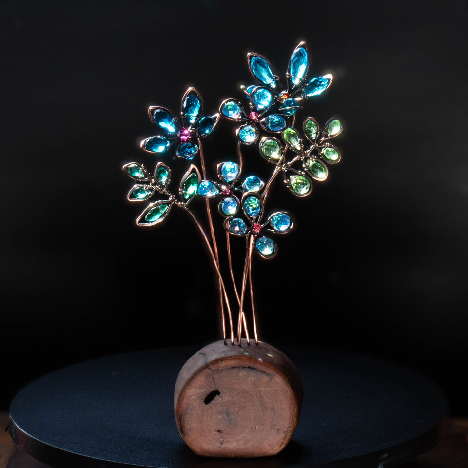 A BLUE BOUQUET OF FLOWERS ON A LOG  ... WINDOWSILL SUNCATCHER