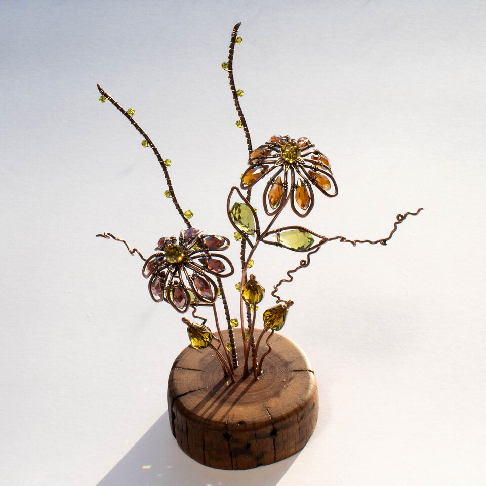 RESERVED FOR RUTHANN  ......  CONEFLOWER (Echinacea Purpurea) ON A WOOD SLICE  ... WINDOWSILL SUNCATCHER .... IKEBANA STYLE