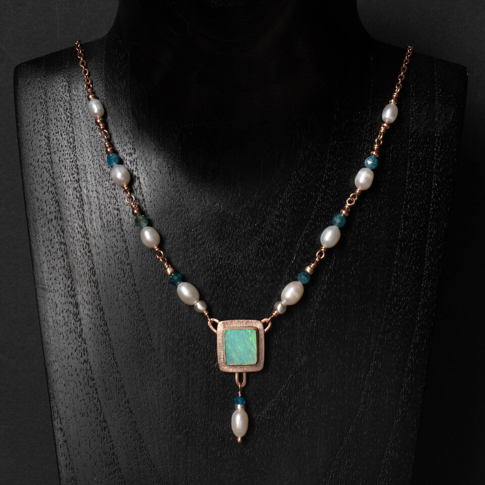 RESERVED FOR NICOLE BALANCE ... AUSTRALIAN OPAL & FRESHWATER PEARL NECKLACE WITH AN ADDED EXTENDER IN MIXED METALS.