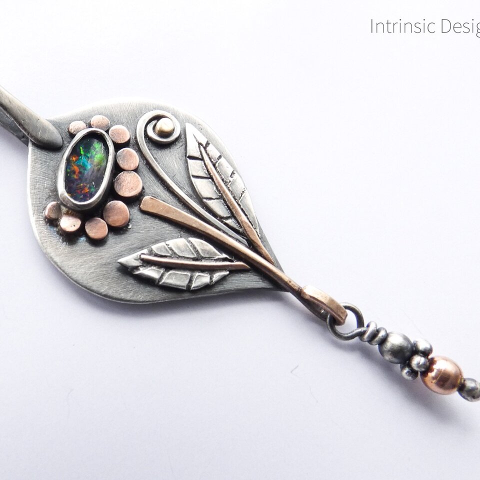 OPAL FLOWER STERLING SILVER & MIXED METAL PENDANT NECKLACE
