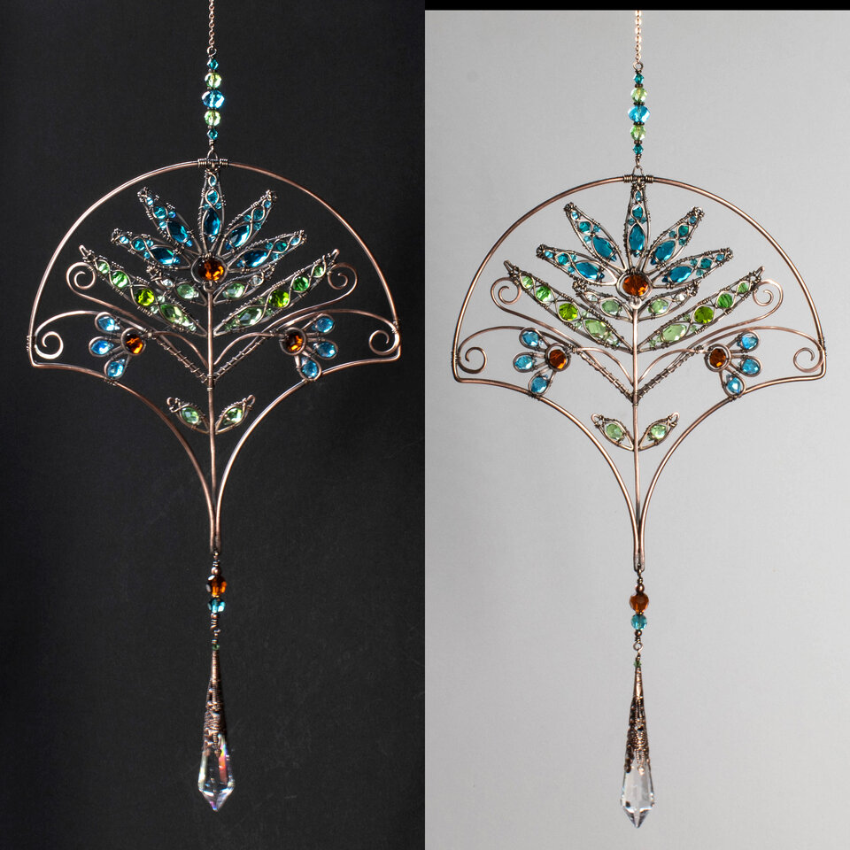 ART DECO STYLE FLORAL CRYSTAL WINDOW SUNCATCHER IN BRONZE AND COPPER