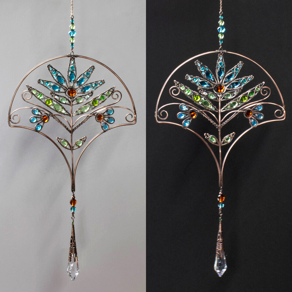 ART DECO STYLE FLORAL CRYSTAL WINDOW SUNCATCHER IN BRONZE AND COPPER