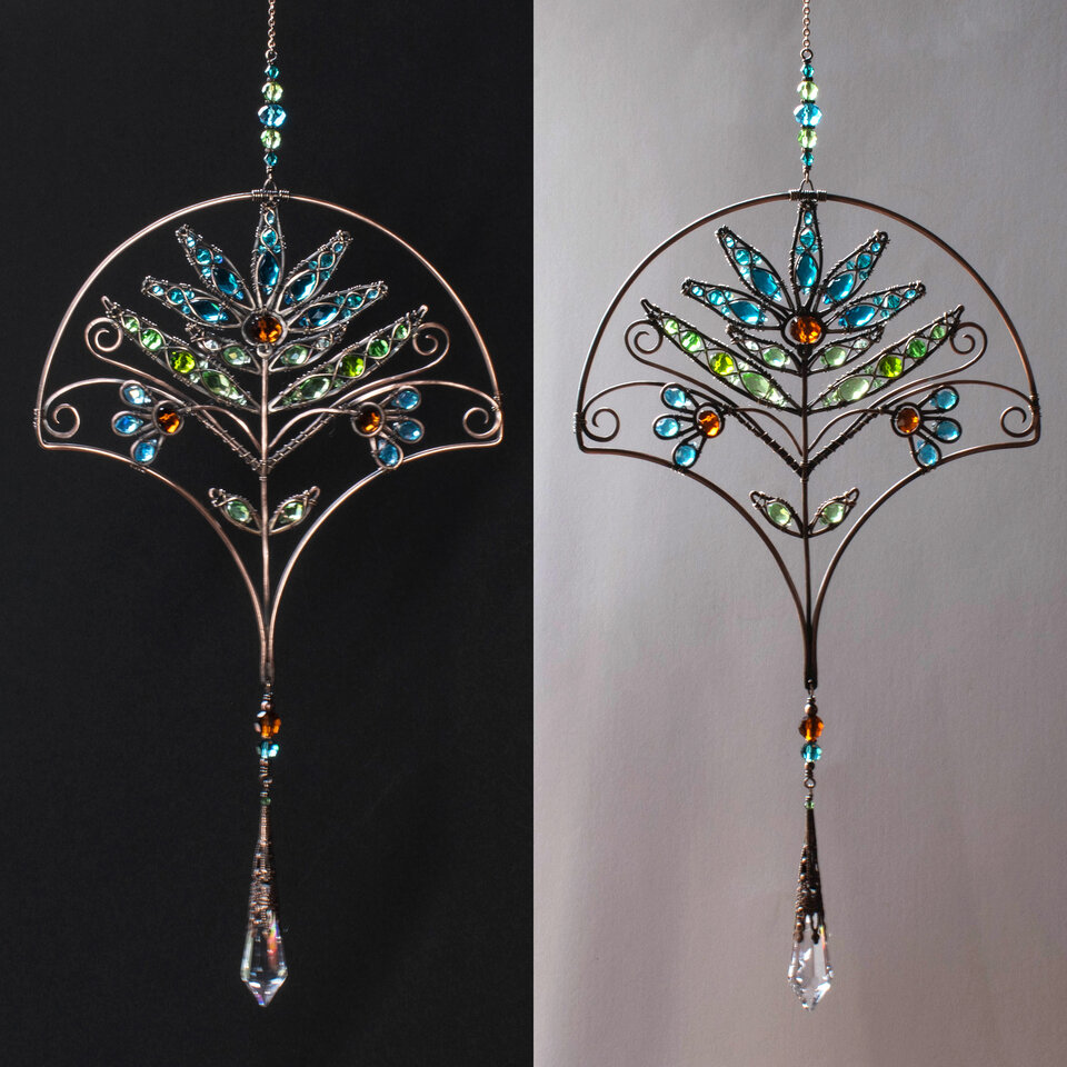 ART DECO STYLE FLORAL CRYSTAL WINDOW SUNCATCHER IN BRONZE AND COPPER