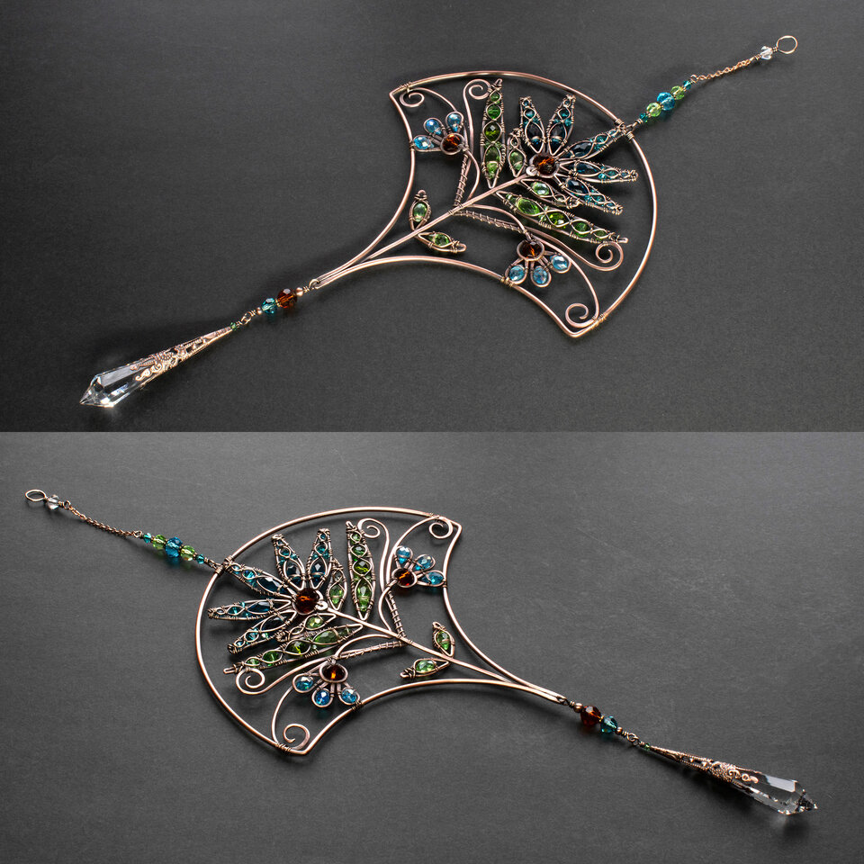 ART DECO STYLE FLORAL CRYSTAL WINDOW SUNCATCHER IN BRONZE AND COPPER