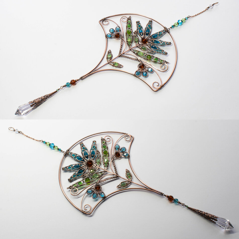 ART DECO STYLE FLORAL CRYSTAL WINDOW SUNCATCHER IN BRONZE AND COPPER