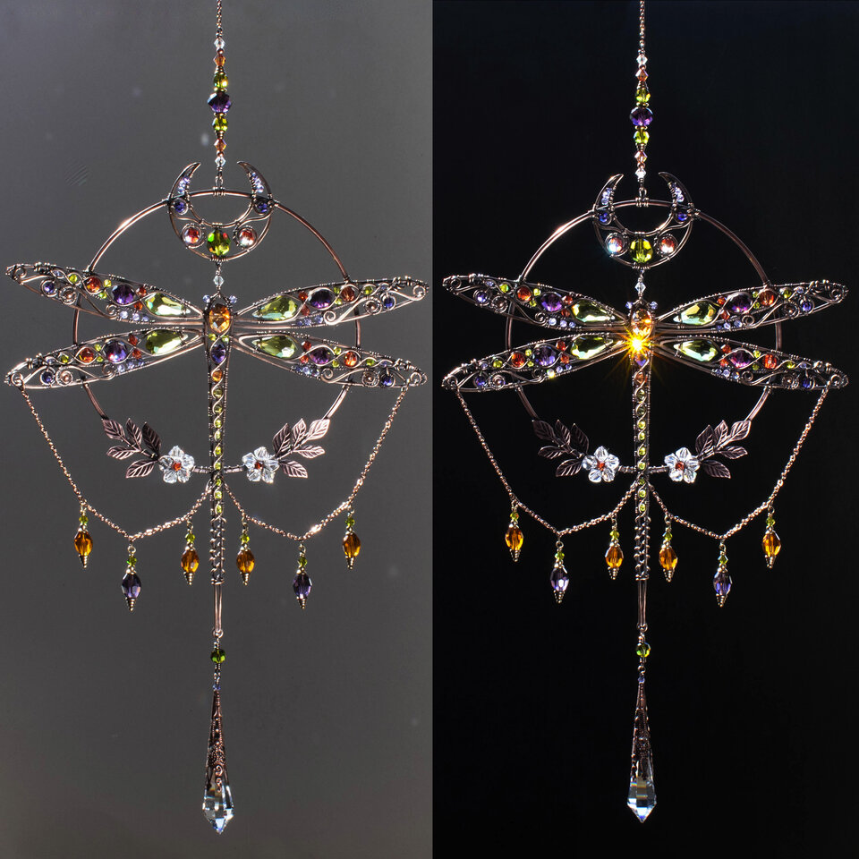 RESERVED FOR TONI ANN ....  LARGE DRAGONFLY MOON ... MIXED CRYSTAL WINDOW SUNCATCHER