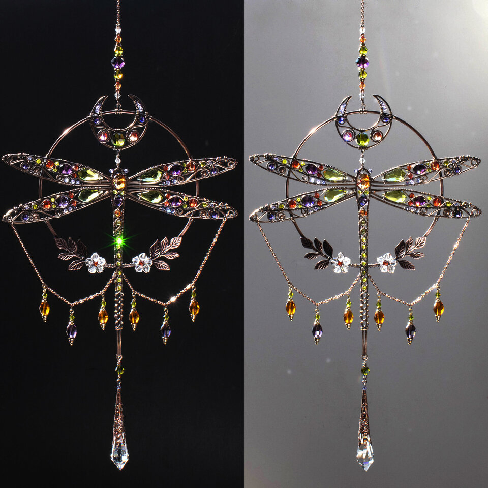 RESERVED FOR TONI ANN ....  LARGE DRAGONFLY MOON ... MIXED CRYSTAL WINDOW SUNCATCHER