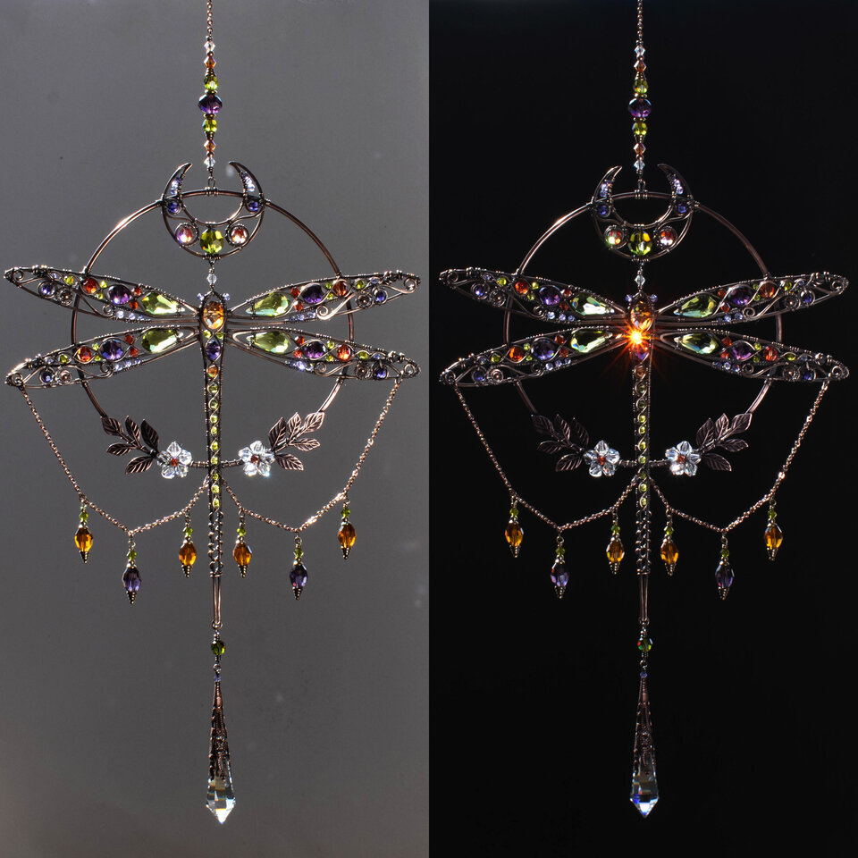 RESERVED FOR TONI ANN ....  LARGE DRAGONFLY MOON ... MIXED CRYSTAL WINDOW SUNCATCHER