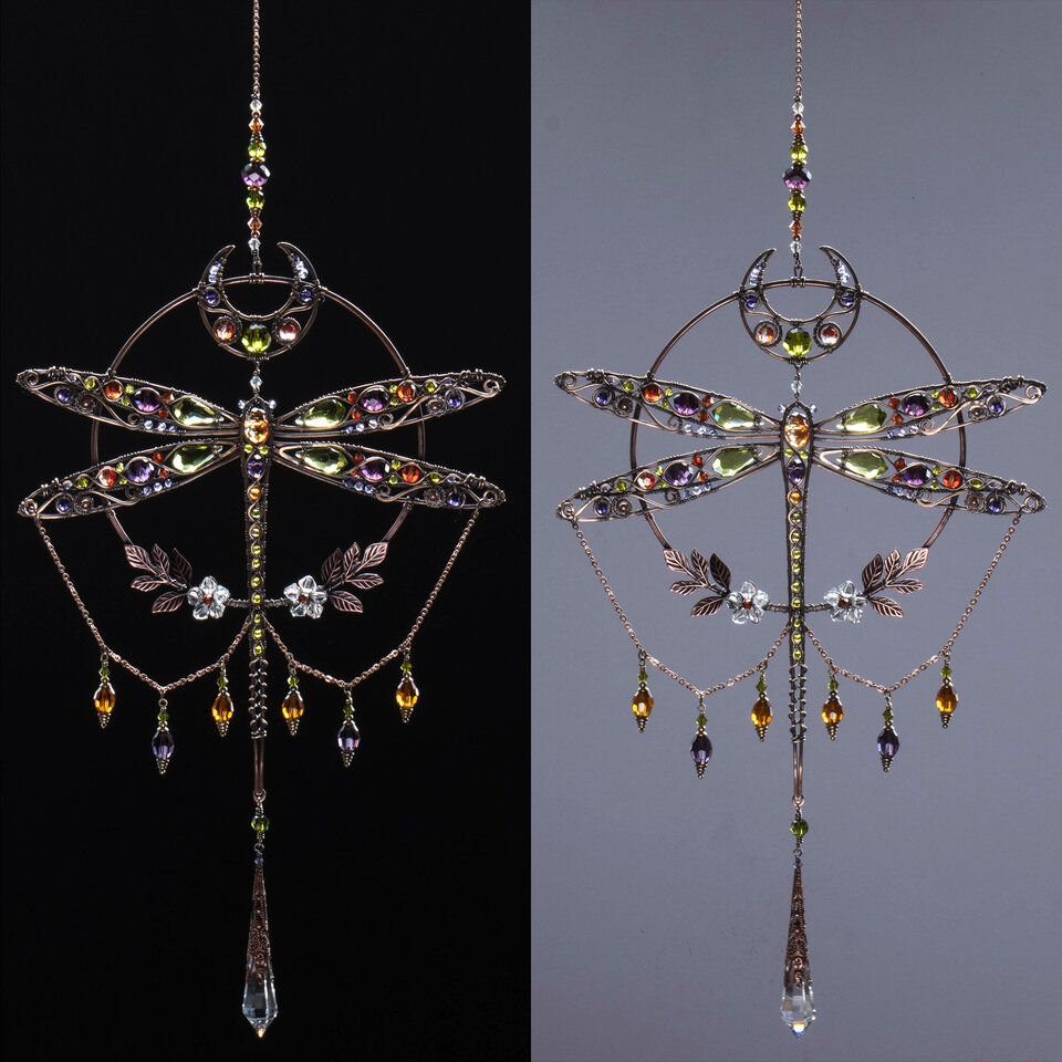 RESERVED FOR TONI ANN ....  LARGE DRAGONFLY MOON ... MIXED CRYSTAL WINDOW SUNCATCHER