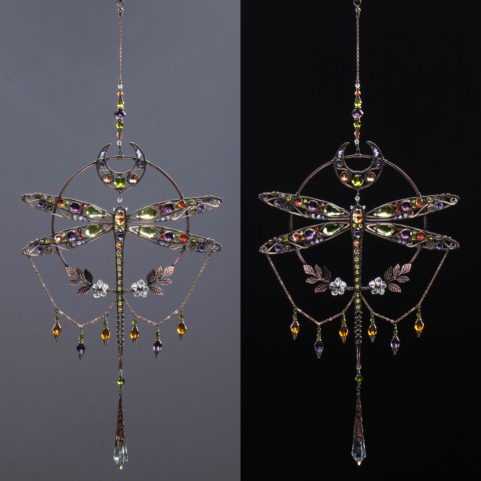 RESERVED FOR TONI ANN ....  LARGE DRAGONFLY MOON ... MIXED CRYSTAL WINDOW SUNCATCHER