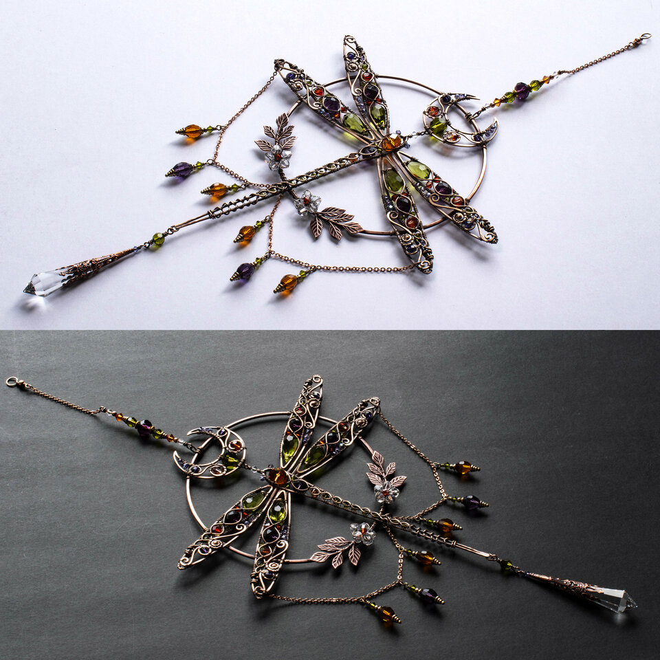 RESERVED FOR TONI ANN ....  LARGE DRAGONFLY MOON ... MIXED CRYSTAL WINDOW SUNCATCHER