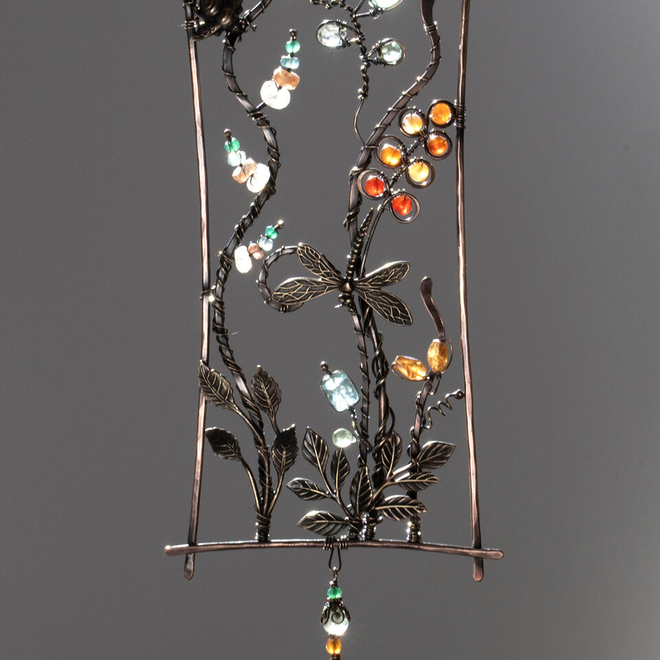 DRAGONFLY & BEE GEMSTONE WINDOW SUNCATCHER IN MIXED METALS WITH A SWAROVSKI CRYSTAL PENDANT
