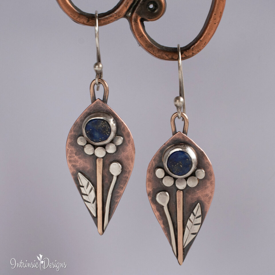 LAPIS LAZULI DANGLE FLORAL EARRINGS IN COPPER, STERLING SILVER AND BRONZE WITH STERLING SILVER EAR WIRES