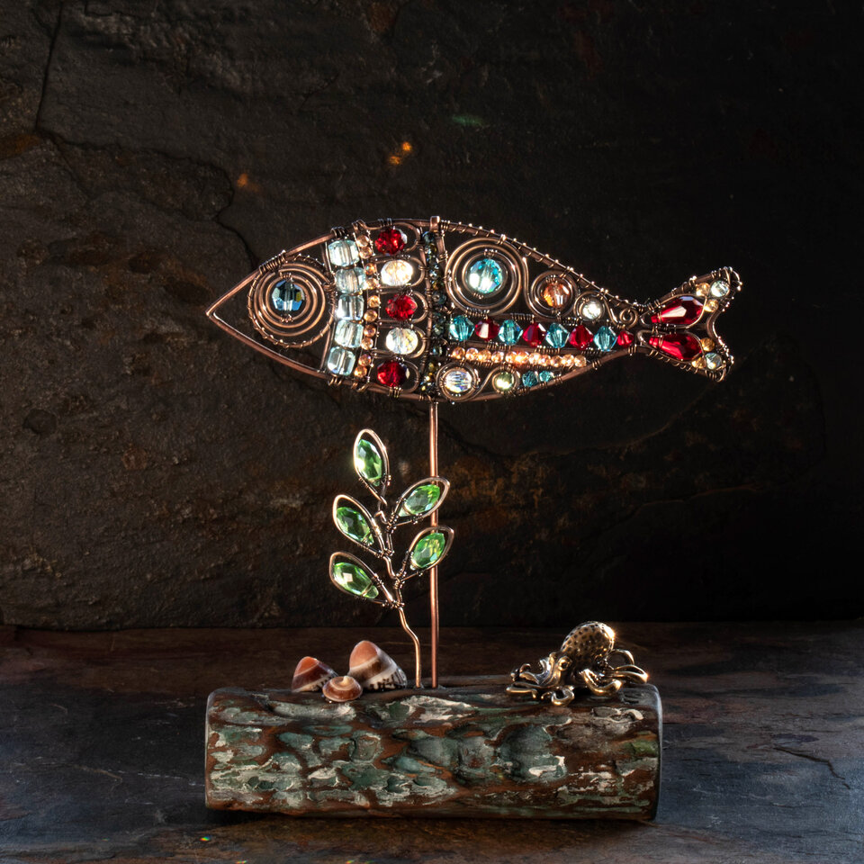 FISH, BRASS OCTOPUS AND SHELLS ON DRIFTWOOD WITH SWAROVSKI AND AUSTRIAN CRYSTALS ....  WINDOWSILL SUNCATCHER