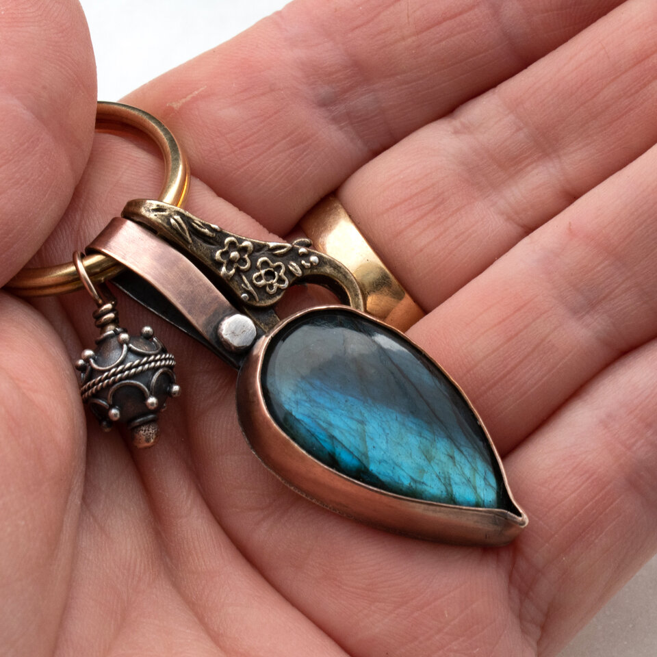 LABRADORITE AND STERLING SILVER BALI BEAD KEYRING / BAG KEY CHARM