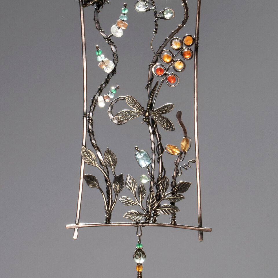 DRAGONFLY & BEE GEMSTONE WINDOW SUNCATCHER IN MIXED METALS WITH A SWAROVSKI CRYSTAL PENDANT