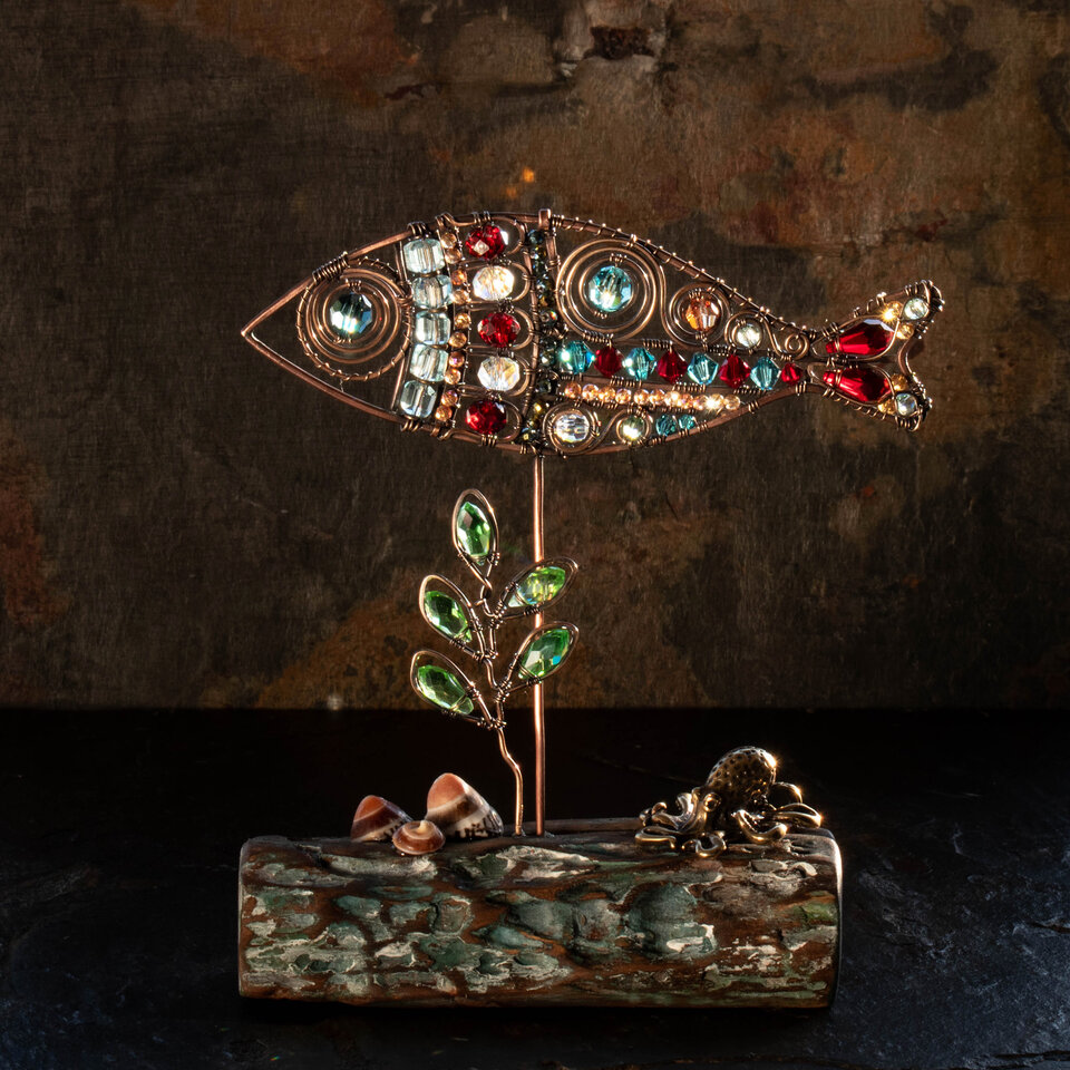 FISH, BRASS OCTOPUS AND SHELLS ON DRIFTWOOD WITH SWAROVSKI AND AUSTRIAN CRYSTALS ....  WINDOWSILL SUNCATCHER