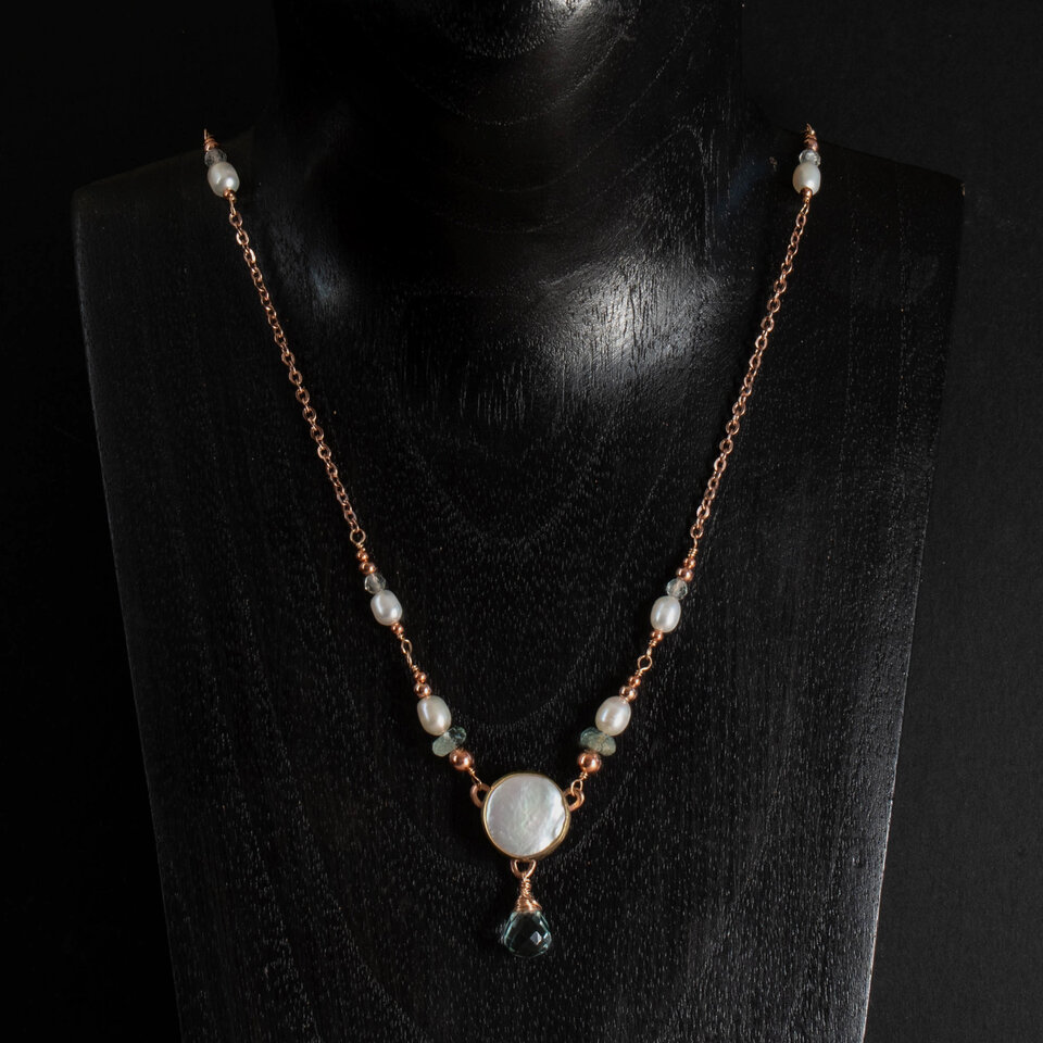 RESERVED FOR TAMMY....  FRESHWATER PEARL & AQUAMARINE PRINCESS NECKLACE IN MIXED METALS.
