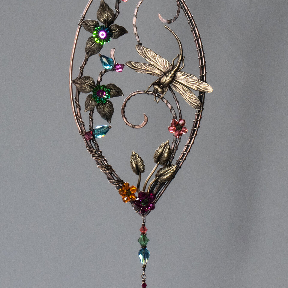 DRAGONFLY GARDEN SWAROVSKI CRYSTAL WINDOW SUNCATCHER IN MIXED METALS