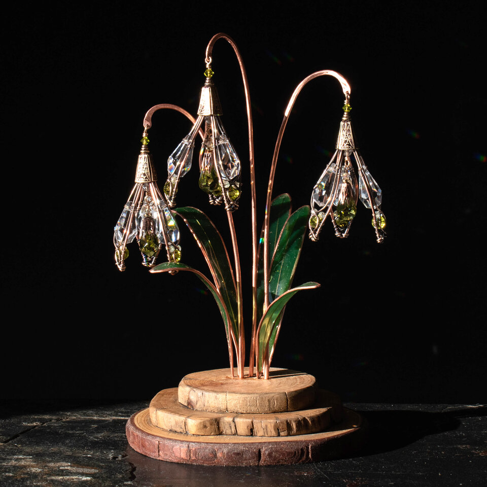 'RESERVED" BOUQUET OF CRYSTAL SNOWDROPS WITH RESIN LEAVES ON A WOOD SLICE STAND  ... IKEBANA INSPIRED WINDOWSILL SUNCATCHER