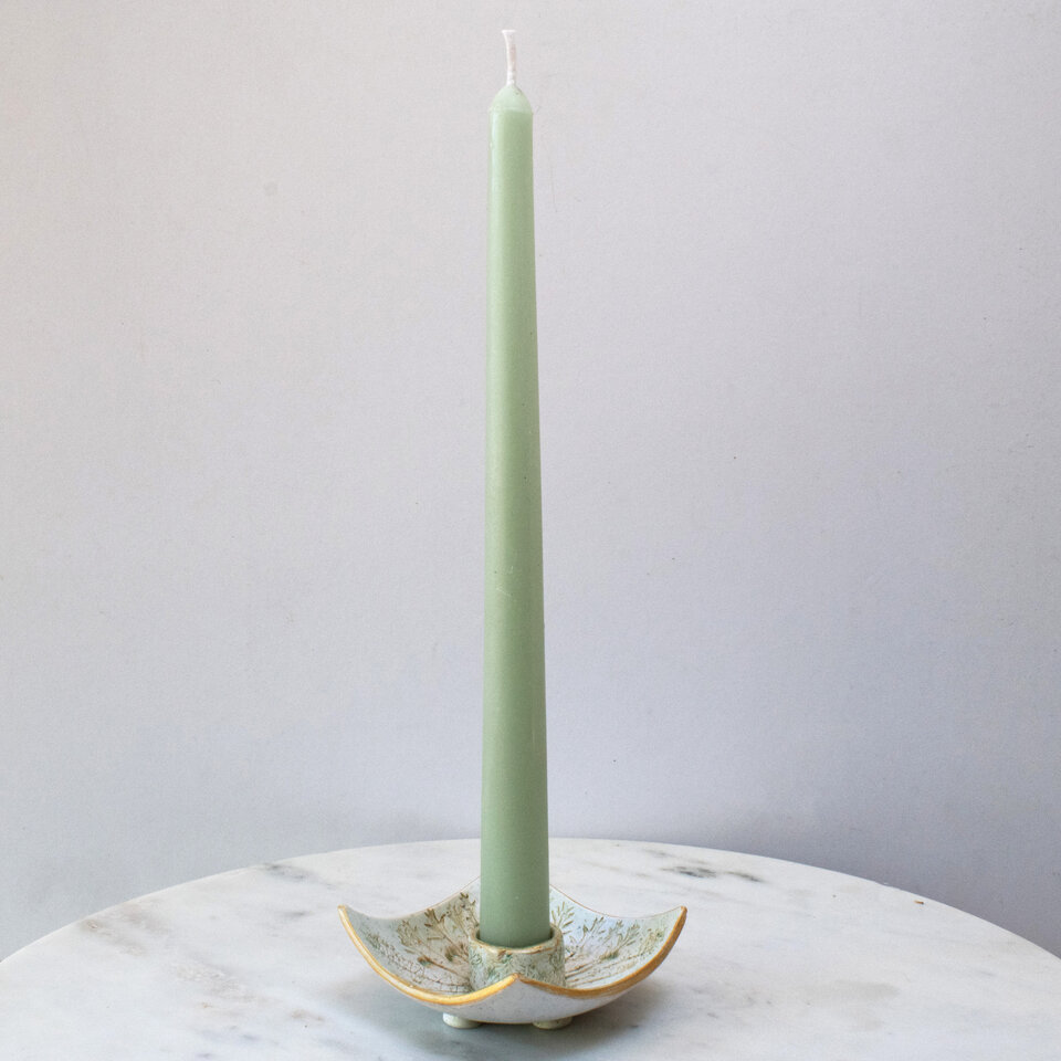 BEESWAX TAPER CANDLES WITH WILDFLOWER DISH IN MINTY SAGE GREEN