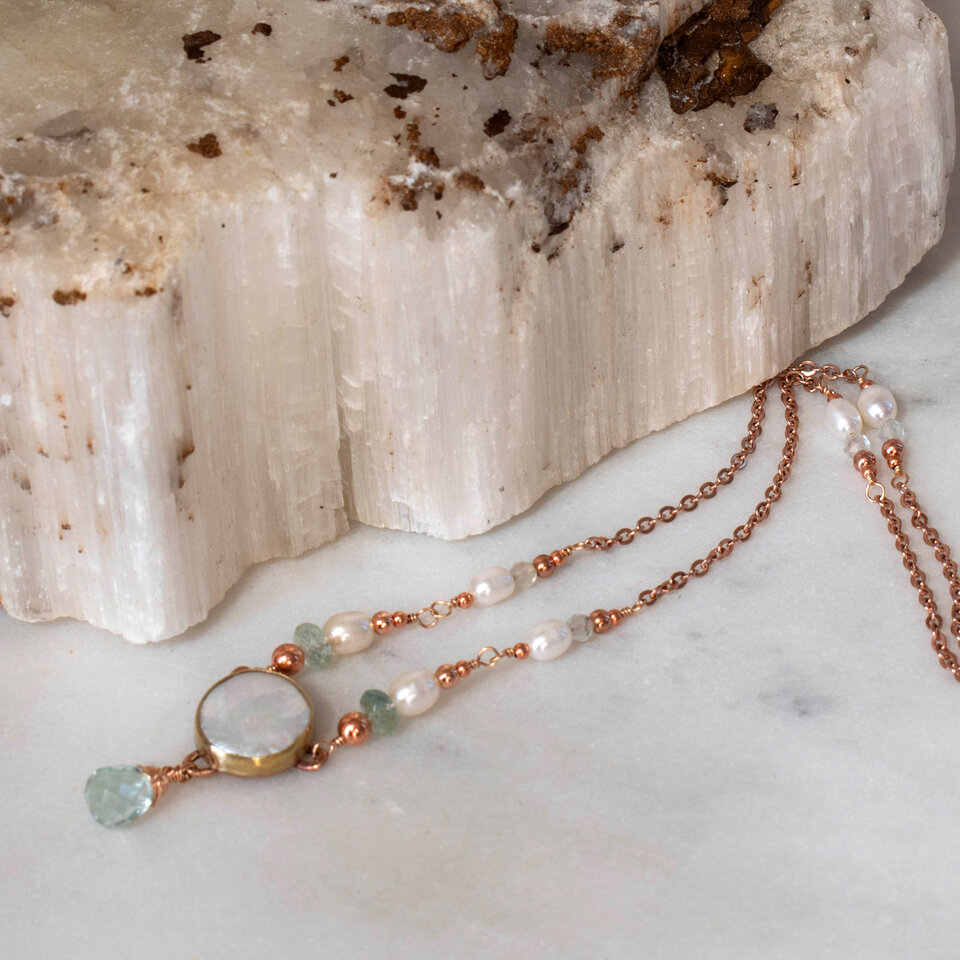 RESERVED FOR TAMMY....  FRESHWATER PEARL & AQUAMARINE PRINCESS NECKLACE IN MIXED METALS.