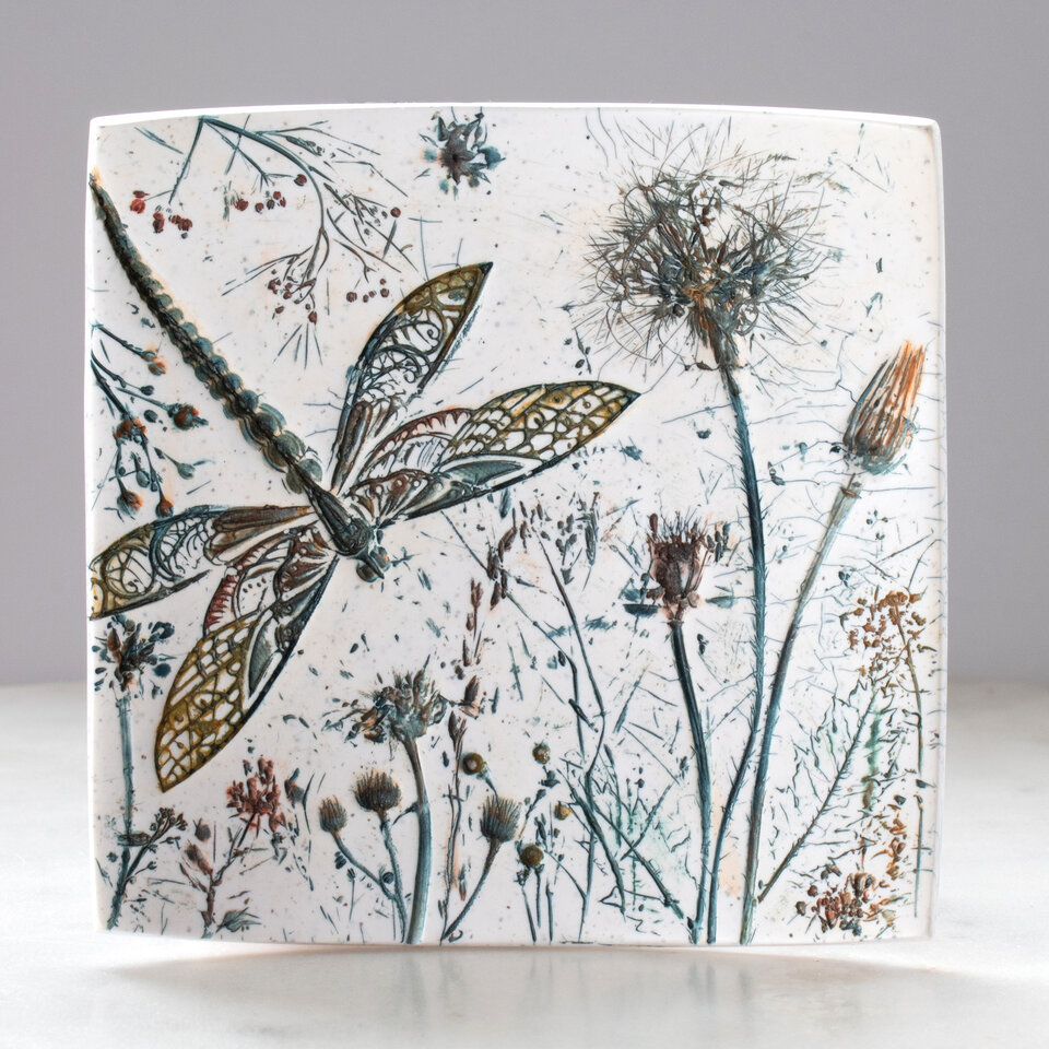 CURVED SQUARE RING DISH WITH A DRAGONFLY, DANDELIONS & LITTLE WILDFLOWERS