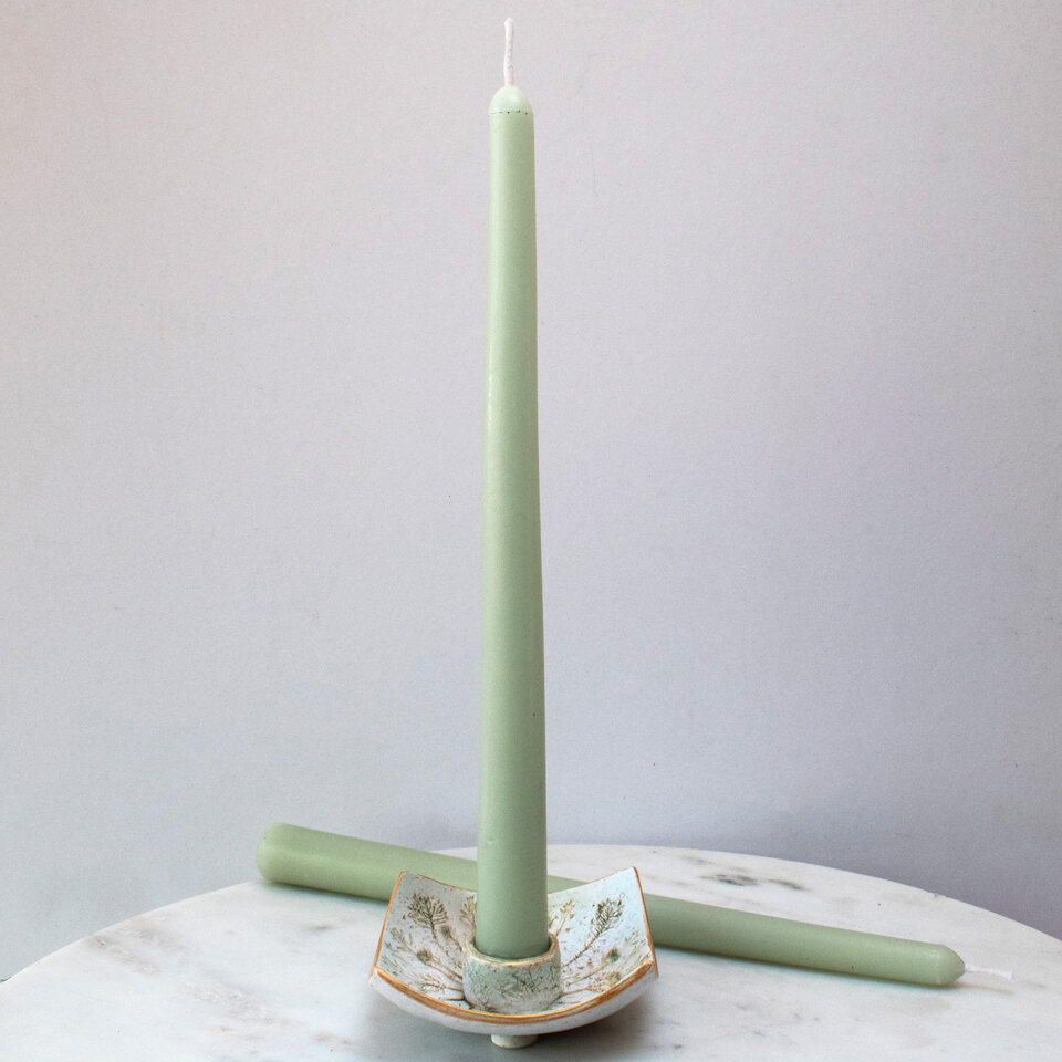 BEESWAX TAPER CANDLES WITH WILDFLOWER DISH IN MINTY SAGE GREEN