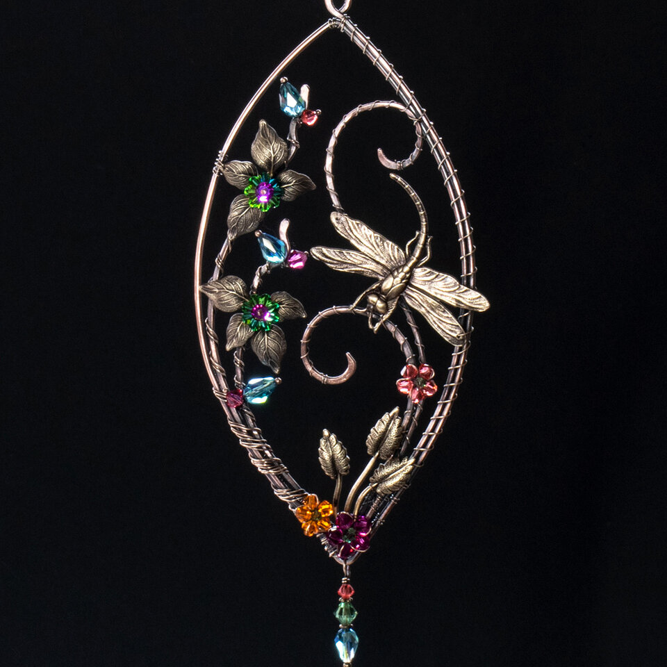DRAGONFLY GARDEN SWAROVSKI CRYSTAL WINDOW SUNCATCHER IN MIXED METALS