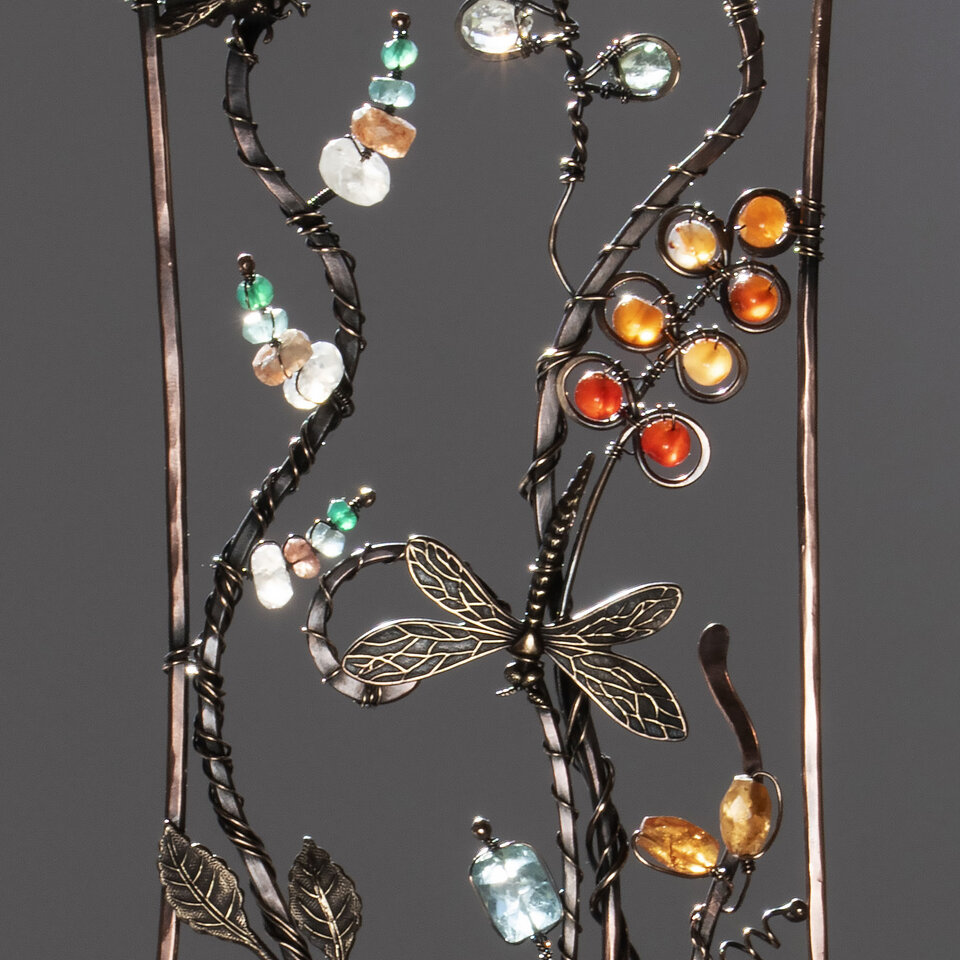 DRAGONFLY & BEE GEMSTONE WINDOW SUNCATCHER IN MIXED METALS WITH A SWAROVSKI CRYSTAL PENDANT